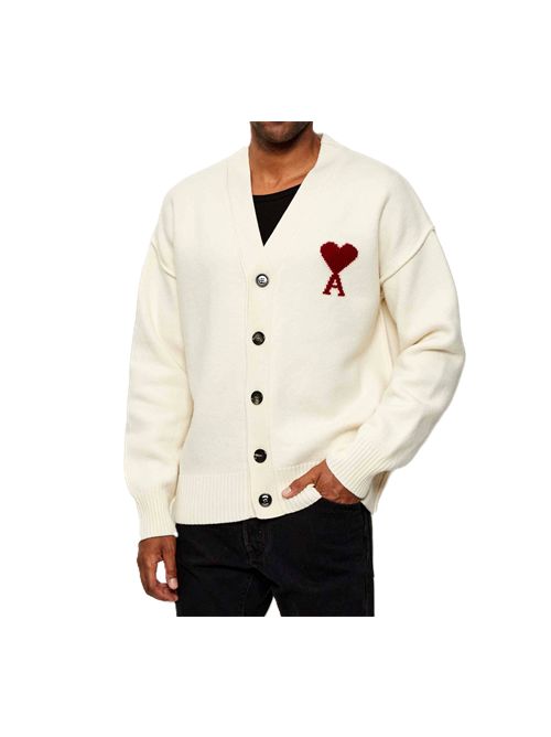 Cardigan Ami de Cœur in lana naturale Ami Paris | UKC367.018154 OFF-WHITE/RED